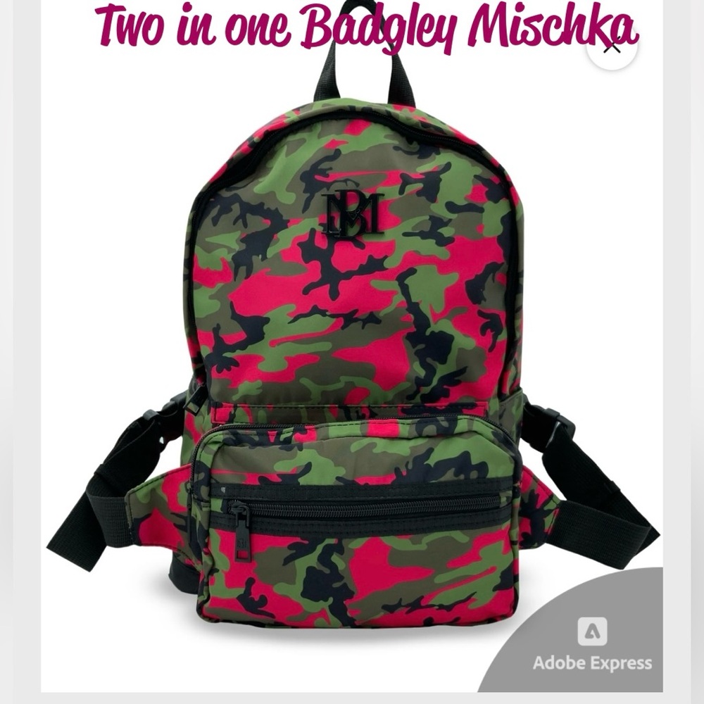 NWT- 2 in 1Badgley Mischka Nylon Camo Pink Backpack w/ Detachable Fanny Pack!!
